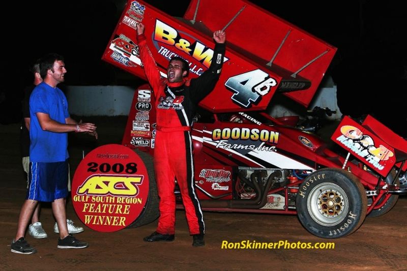 Florida's Bryn Gohn celebrates his triumph in Saturday night's 25-lap American Sprint Car Series Gulf South Region feature at 105 Speedway in Cleveland, TX.