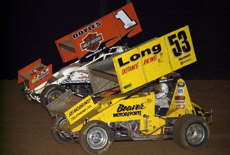 Shane Stewart(1hd) battles past Joe Beaver Thurs night 20th Short Track National