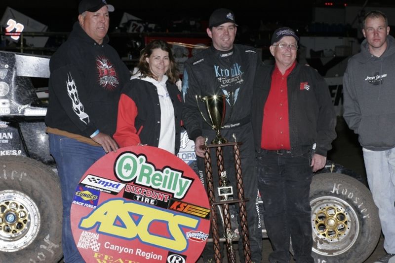 Jeremy Sherman won Saturday night's Discount Tire Co. ASCS Canyon Region Tribute to Jimmy Blanton atop Manzanita Speedway's 1/3-mile clay oval in Phoenix, AZ.