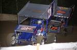 Terry Hinck leads Jesse Hockett in Sunday night's O'Reilly WOW action at Double X Speedway in California, MO.