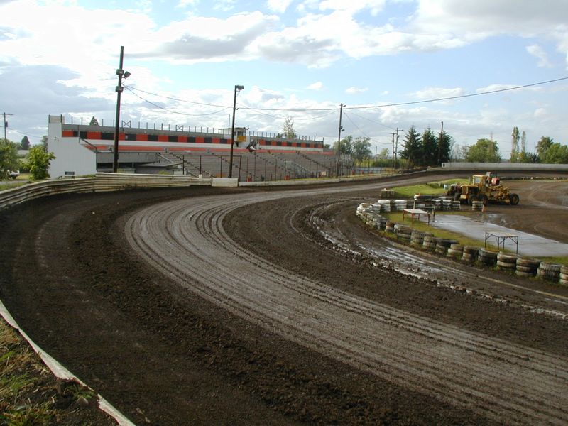 Lebanon Speedway - Looking back at the wet front straight and grandstand - 6:22 pm, 6/15/10 - GSC race canceled